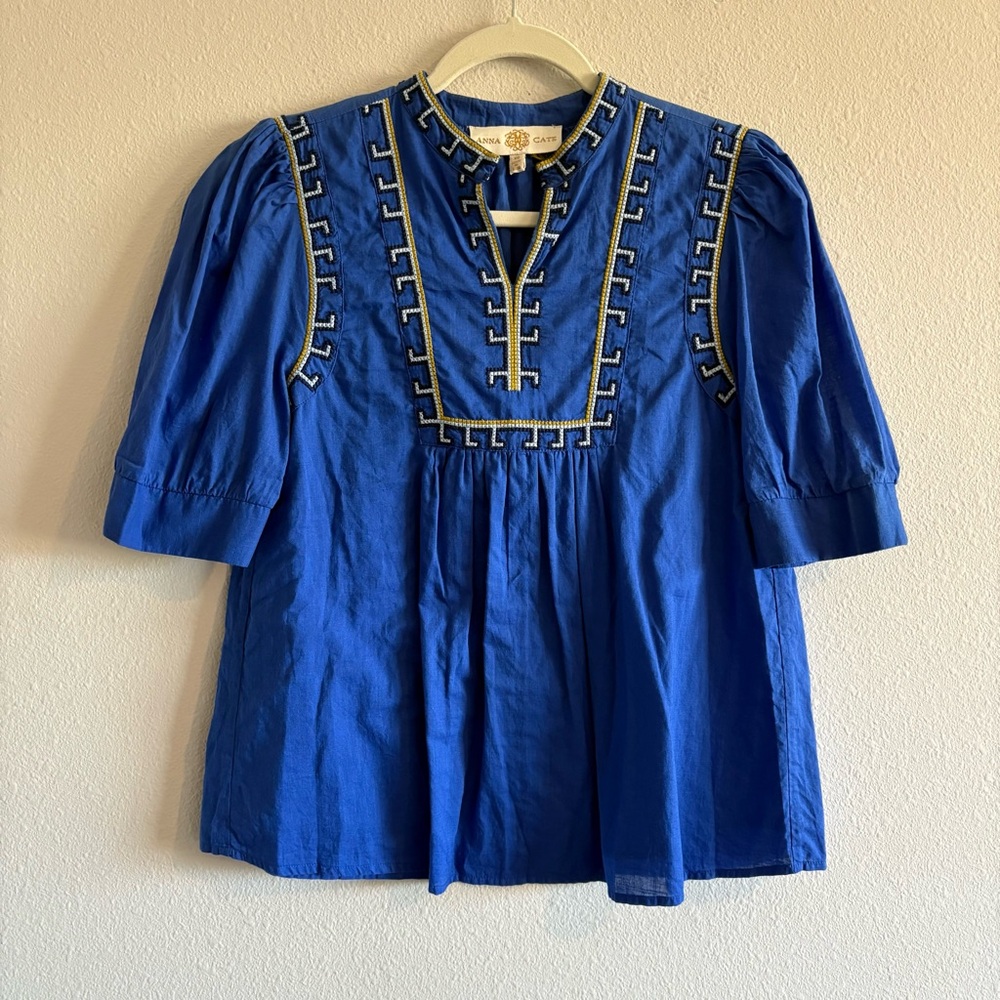 Anna Cate Collection Embroidered Blouse Short-Sleeve Top Women’s XS Royal Blue